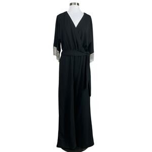 Laundry by Shelli Segal Fringed Wrap Wide Leg Pant Jumpsuit Black Size 10